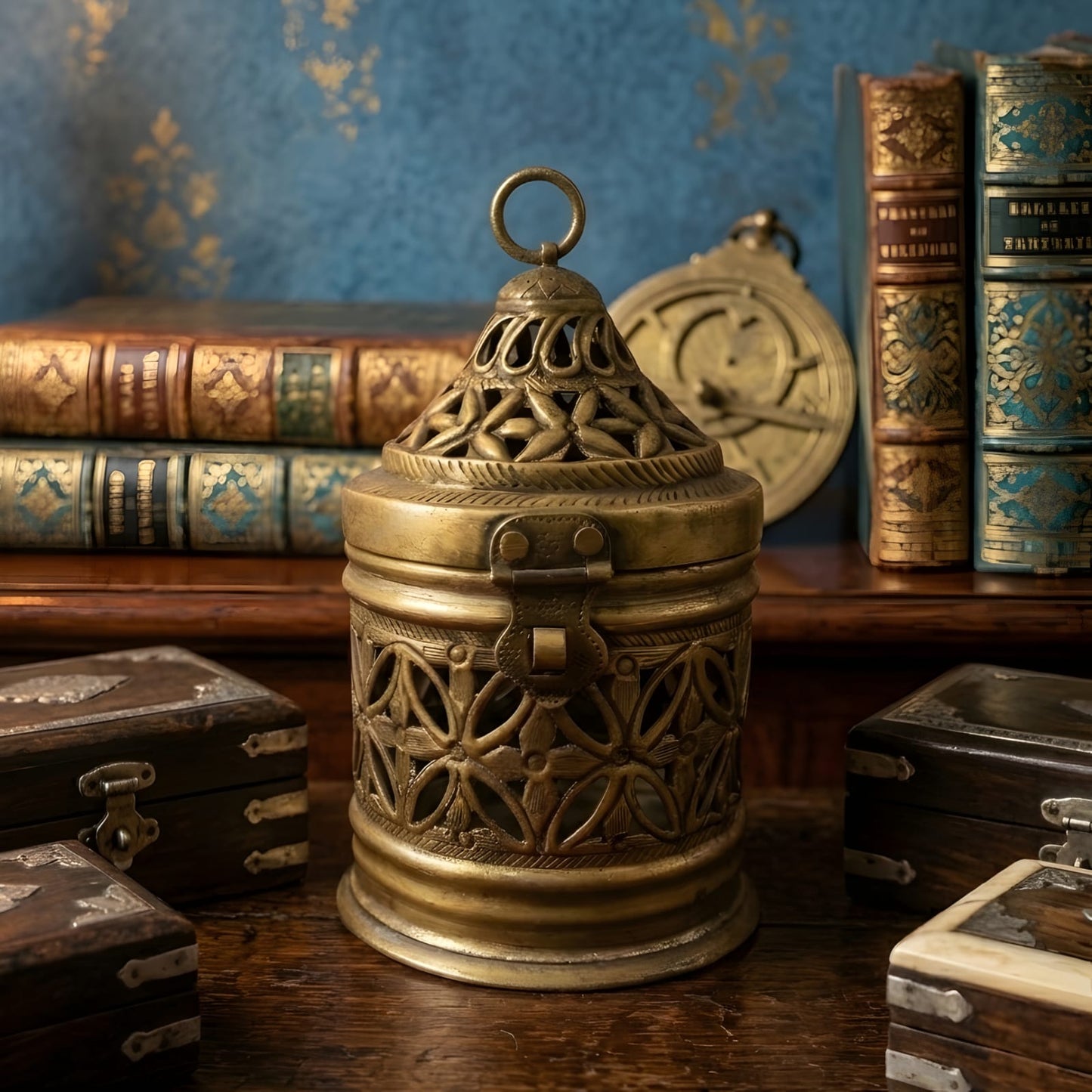 RA/373 | Very Rare Beautifully Engraved & Pierced Cylindrical Shape Pure Brass Storage Box | Jewellery Keeper with Lock System