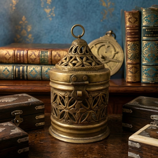 RA/373 | Very Rare Beautifully Engraved & Pierced Cylindrical Shape Pure Brass/Pital Storage Box | Jewellery Keeper with Lock System (Antiques)