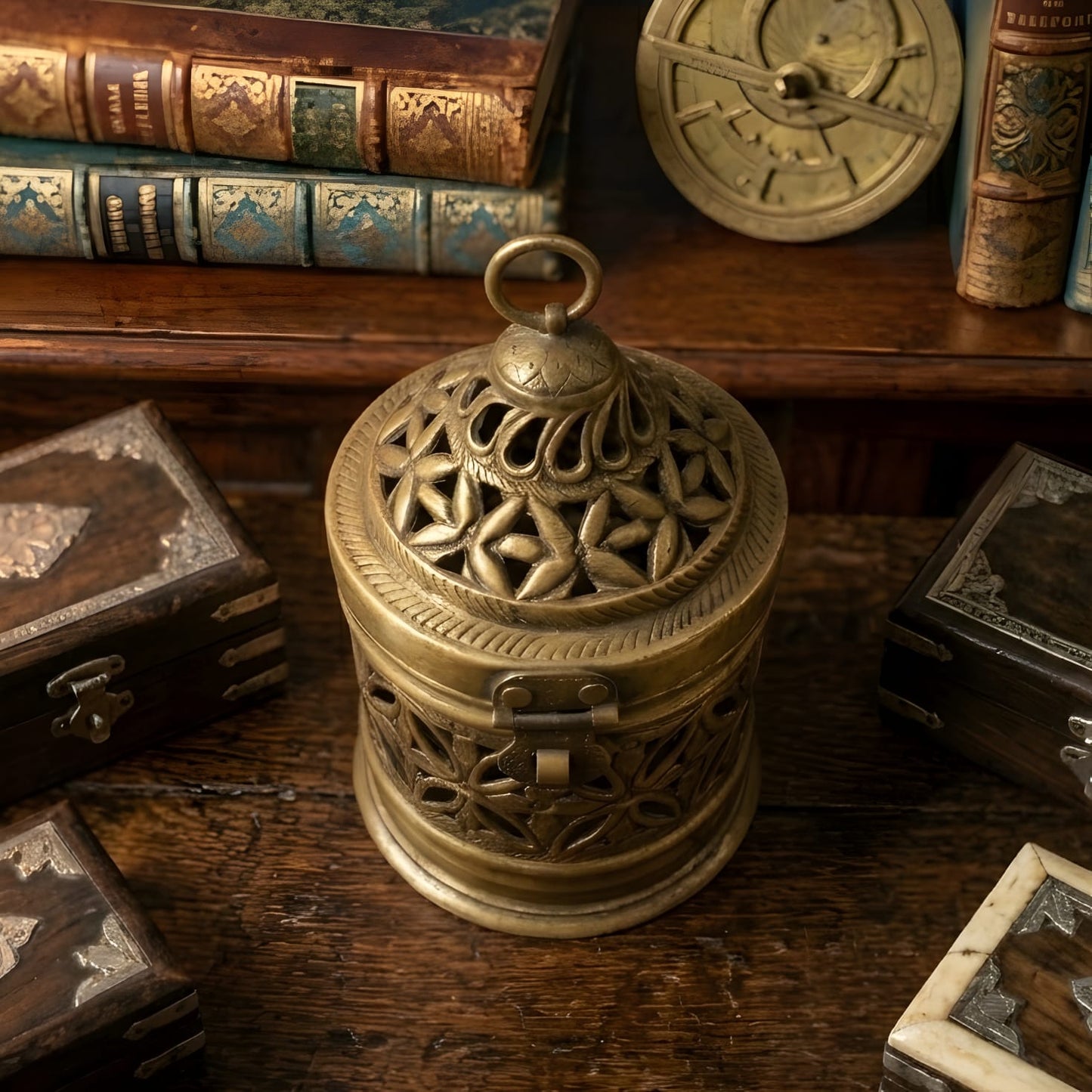 RA/373 | Very Rare Beautifully Engraved & Pierced Cylindrical Shape Pure Brass Storage Box | Jewellery Keeper with Lock System