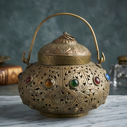 RA/374 | Very Rare Beautifully Engraved & Pierced with Colorful Stones Oval Shape Pure Brass Storage Box | Jewellery Keeper with Handle