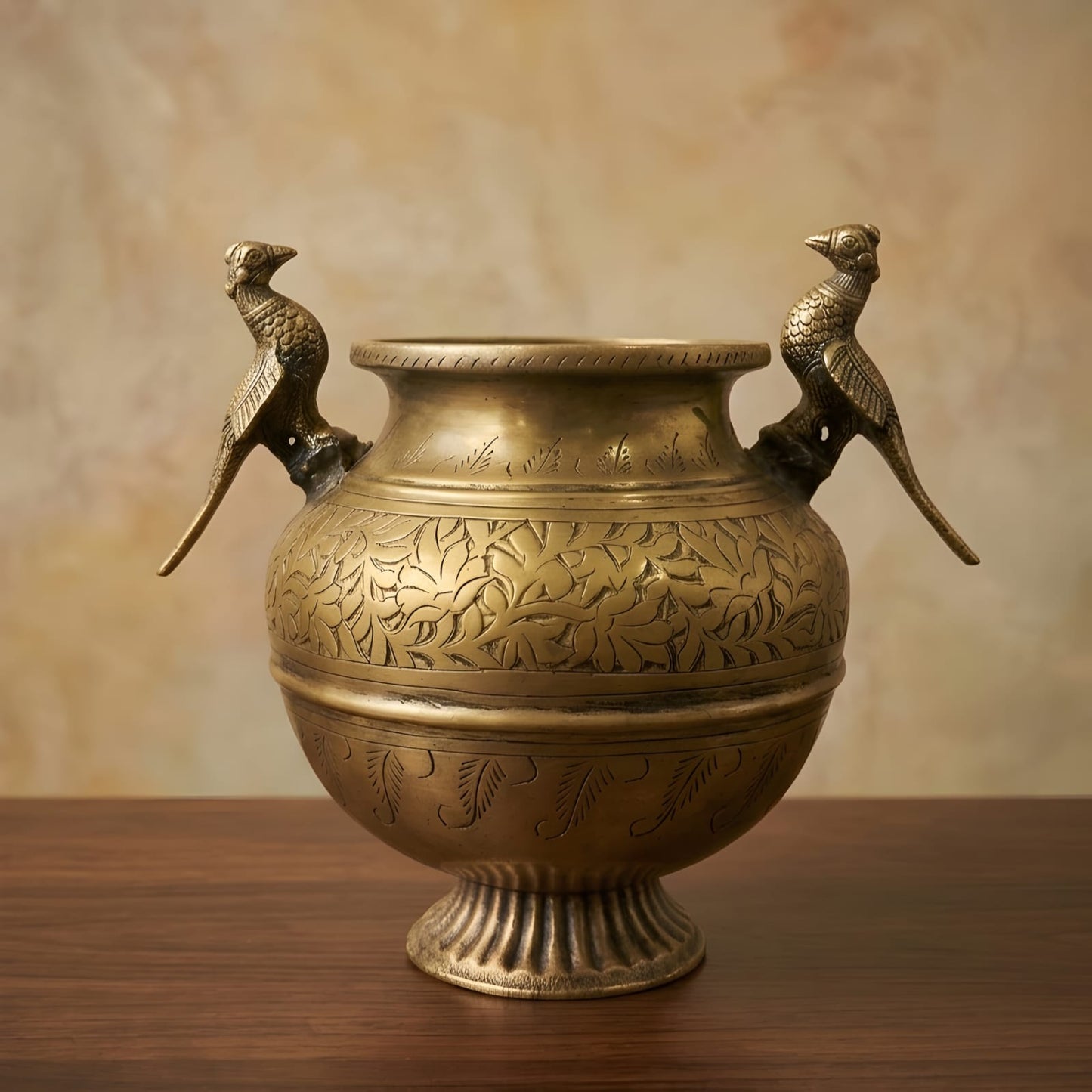 RA/375 | Rare Vintage Pure Brass Beautifully Engraved Pot Vase Planter with Hand-Carved Floral Vine Motifs, Peacock Handles