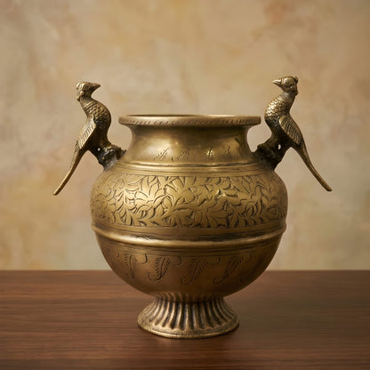 RA/375 | Rare Vintage Pure Brass Beautifully Engraved Pot Vase Planter with Hand-Carved Floral Vine Motifs, Peacock Handles