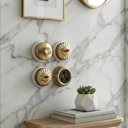 SW/09 | Set of 4 Vintage Style Brass/Pital Dimmer/Fan Regulator, Toggle Switch & Socket Set | White Ceramic Base | Classic Series | 220V 6A | Heritage Electrical Hardware