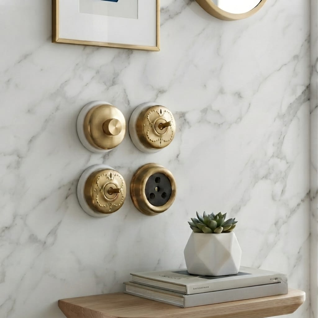 SW/09 | Set of 4 Vintage Style Brass/Pital Dimmer/Fan Regulator, Toggle Switch & Socket Set | White Ceramic Base | Classic Series | 220V 6A | Heritage Electrical Hardware