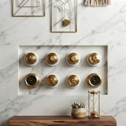 SW/10 | Set of 8 Vintage Style Brass/Pital Designer Electrical Set | Dimmer/Fan Regulator, Toggle Switch & Socket Set | White Ceramic Base | Classic Series | 220V 6A | Heritage Electrical Hardware
