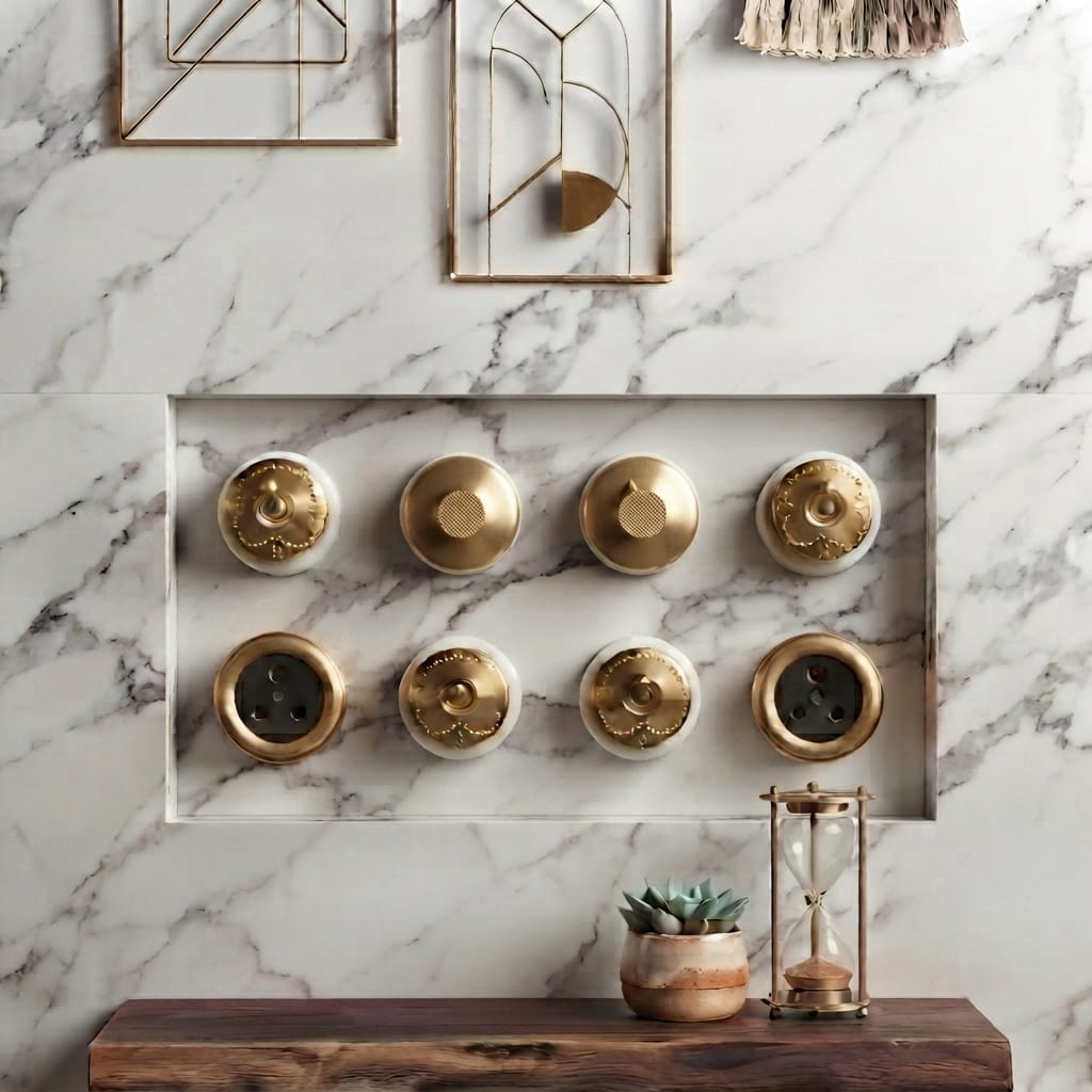 SW/10 | Set of 8 Vintage Style Brass/Pital Designer Electrical Set | Dimmer/Fan Regulator, Toggle Switch & Socket Set | White Ceramic Base | Classic Series | 220V 6A | Heritage Electrical Hardware
