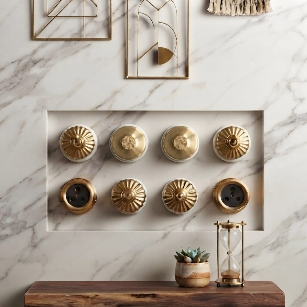 SW/10 | Set of 8 Vintage Style Brass/Pital Designer Electrical Set | Dimmer/Fan Regulator, Toggle Switch & Socket Set | White Ceramic Base | Classic Series | 220V 6A | Heritage Electrical Hardware