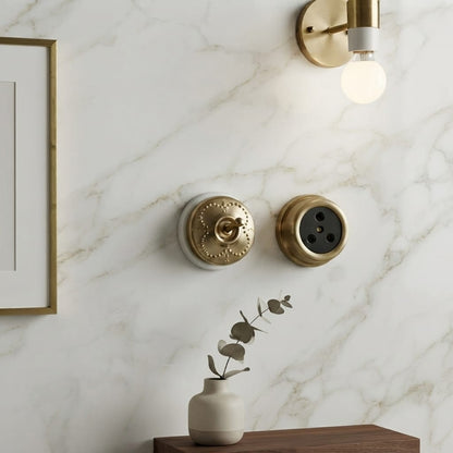 SW/05 | Vintage Style Brass/Pital Toggle Light Switch & Socket Set | White Ceramic Base | Classic Series Embossed | 220V 6A | Heritage Electrical Hardware