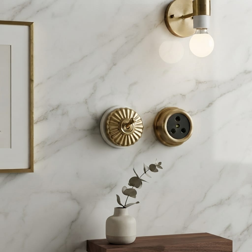 SW/06 | Vintage Style Brass/Pital Toggle Light Switch & Socket Set | White Ceramic Base | Classic Series Art Deco | 220V 6A | Heritage Electrical Hardware