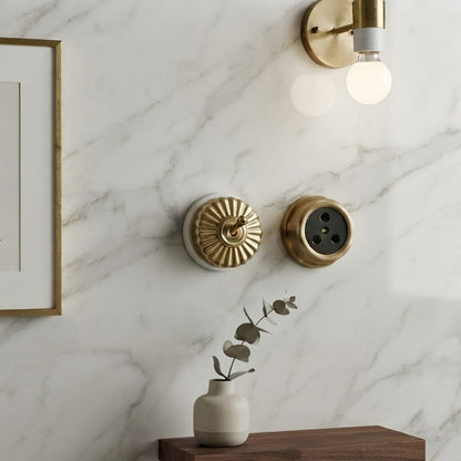 SW/06 | Vintage Style Brass/Pital Toggle Light Switch & Socket Set | White Ceramic Base | Classic Series Art Deco | 220V 6A | Heritage Electrical Hardware