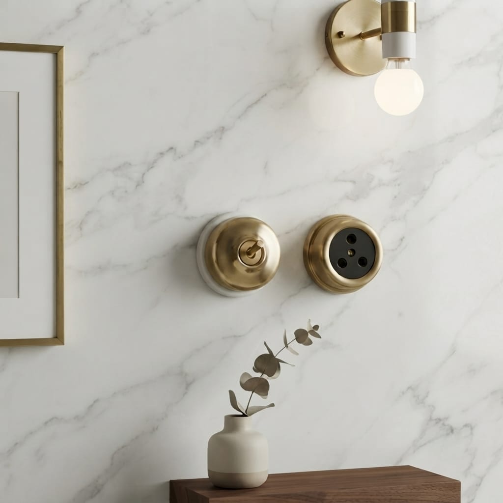 SW/05 | Set of 2 Vintage Style Brass/Pital Toggle Light Switch & Socket Set | White Ceramic Base | Classic Series | 220V 6A | Heritage Electrical Hardware