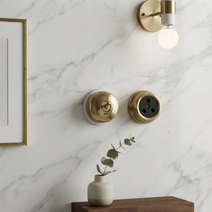 SW/05 | Set of 2 Vintage Style Brass/Pital Toggle Light Switch & Socket Set | White Ceramic Base | Classic Series | 220V 6A | Heritage Electrical Hardware