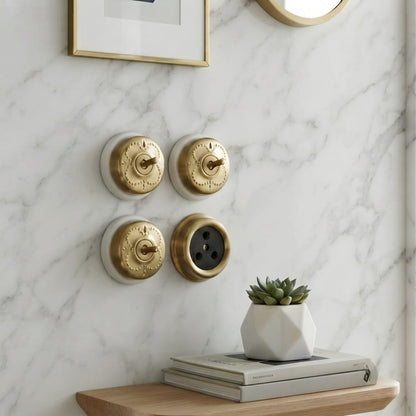 SW/07 | Set of 4 Vintage Style Brass/Pital Toggle Light Switch & Socket Set | White Ceramic Base | Classic Series | 220V 6A | Heritage Electrical Hardware