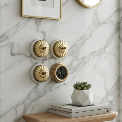 SW/07 | Set of 4 Vintage Style Brass/Pital Toggle Light Switch & Socket Set | White Ceramic Base | Classic Series | 220V 6A | Heritage Electrical Hardware