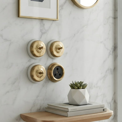 SW/07 | Set of 4 Vintage Style Brass/Pital Toggle Light Switch & Socket Set | White Ceramic Base | Classic Series | 220V 6A | Heritage Electrical Hardware