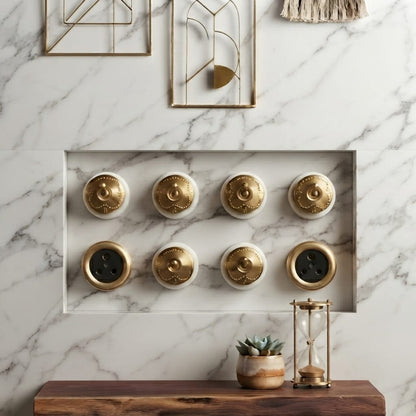 SW/08 | Set of 8 Vintage Style Brass/Pital Toggle Light Switch & Socket Set | White Ceramic Base | Classic Series | 220V 6A | Heritage Electrical Hardware