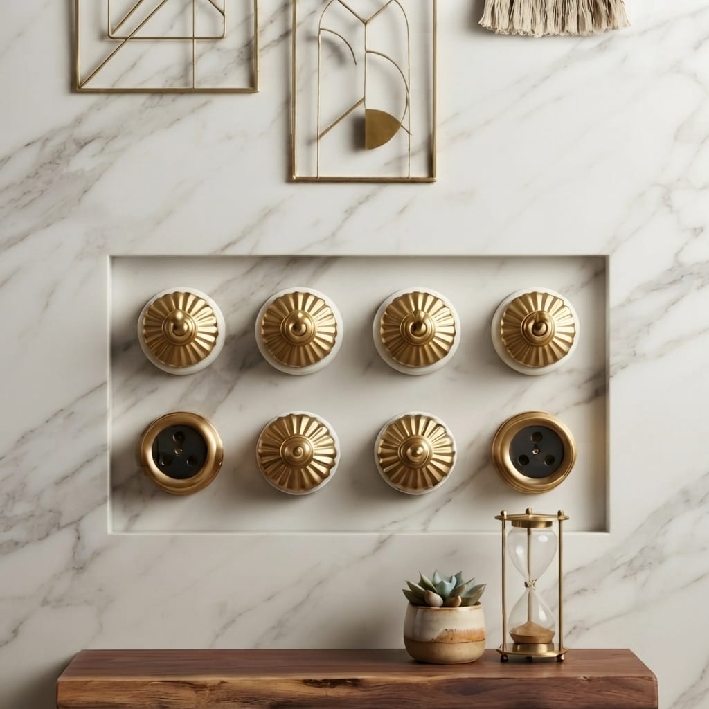 SW/08 | Set of 8 Vintage Style Brass/Pital Toggle Light Switch & Socket Set | White Ceramic Base | Classic Series | 220V 6A | Heritage Electrical Hardware
