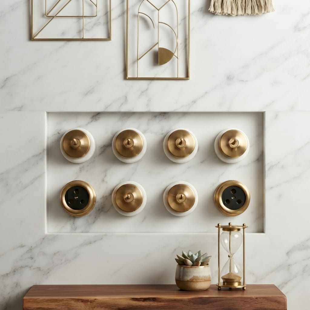 SW/08 | Set of 8 Vintage Style Brass/Pital Toggle Light Switch & Socket Set | White Ceramic Base | Classic Series | 220V 6A | Heritage Electrical Hardware