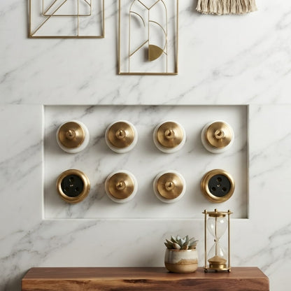 SW/08 | Set of 8 Vintage Style Brass/Pital Toggle Light Switch & Socket Set | White Ceramic Base | Classic Series | 220V 6A | Heritage Electrical Hardware