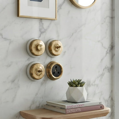 SW/09 | Set of 4 Vintage Style Brass/Pital Dimmer/Fan Regulator, Toggle Switch & Socket Set | White Ceramic Base | Classic Series | 220V 6A | Heritage Electrical Hardware