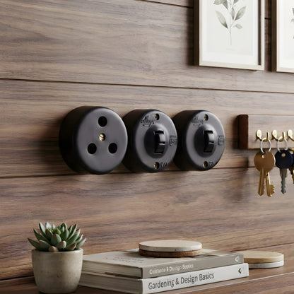 SW/19 | Set of 3 Vintage Style Matte Black Toggle Switch & Socket Set | White Ceramic Base | Surface Mounted Round Wall Switch | Heritage Black Collection