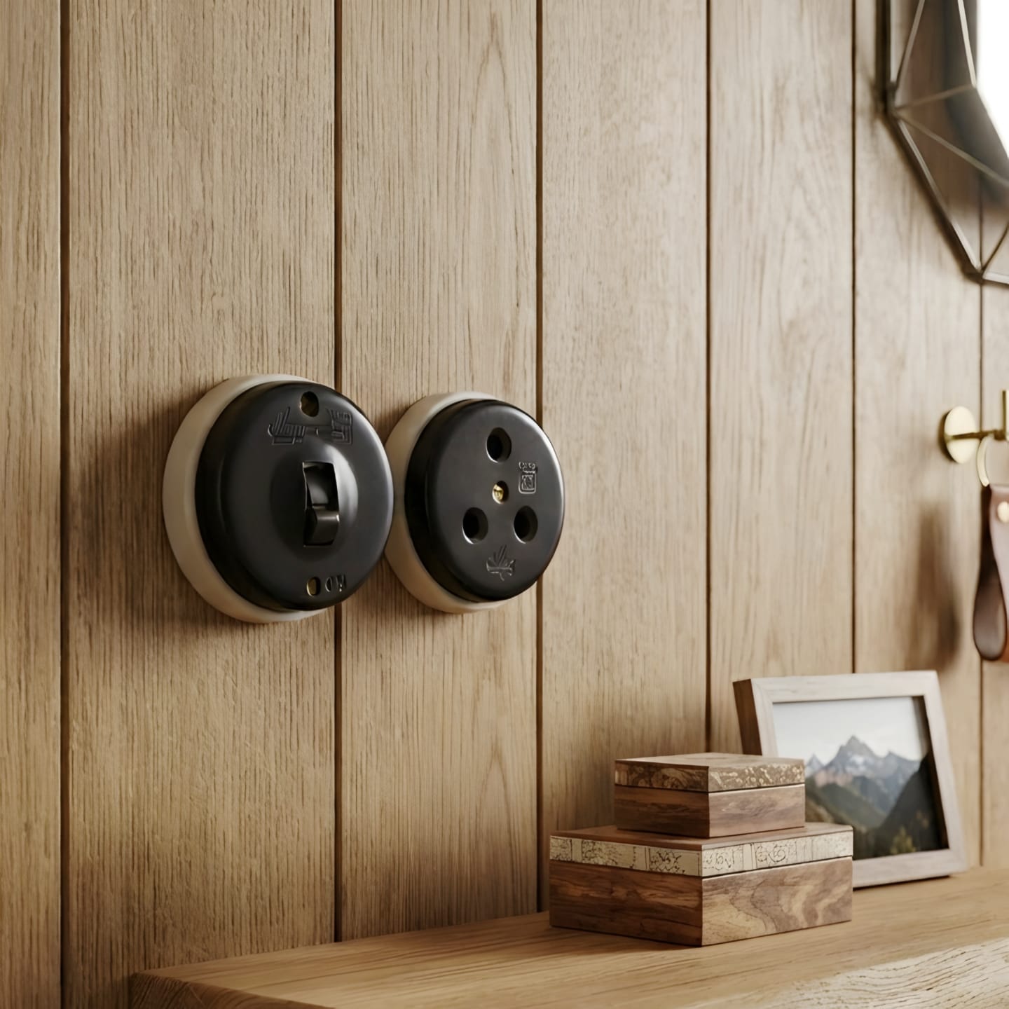 SW/18 | Set of 2 Vintage Style Matte Black Toggle Switch & Socket Set | White Ceramic Base | Surface Mounted Round Wall Switch | Heritage Black Collection