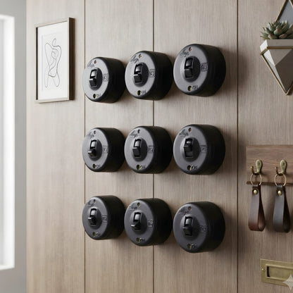 SW/12 | Vintage Style Matte Black Toggle Light Switches | Surface Mounted Round Wall Switches | Heritage Black Collection | Industrial Retro Home Hardware
