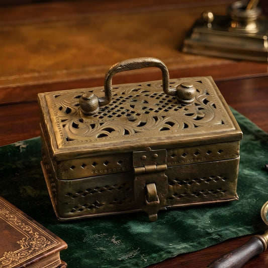 Engraved & Pierced Pure Brass Jewellery Box with Lock | Vintage Rectangle Keepsake Storage | Heritage Decor