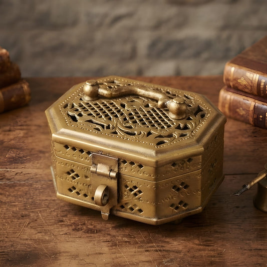 Vintage Pure Brass Hexagon Storage Box with Lock | Engraved & Pierced Jewellery Keeper | Heritage Home Decor