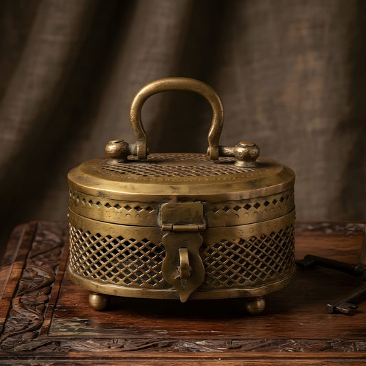 Antique Pure Brass Oval Keepsake Box with Lock | Pierced & Engraved Jewellery Storage | Traditional Heritage Décor