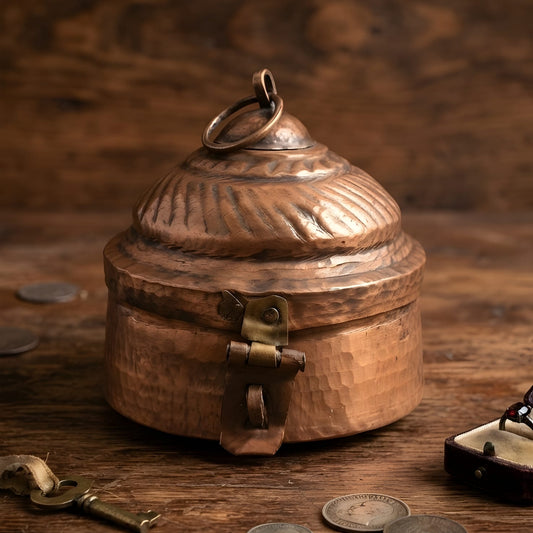 Vintage Hammered Pure Copper Storage Box with Lock | Copper Jewellery Keeper | Antique Heritage Decor