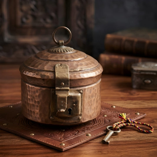 Hand-Hammered Pure Copper Jewellery Box with Lock & Key | Vintage Keepsake Storage Chest | Heritage Home Decor