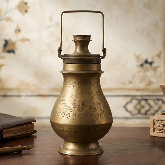 Vintage Pure Brass Water Bottle with Handle & Lid | Engraved Traditional Water Vessel | Heritage Home Décor