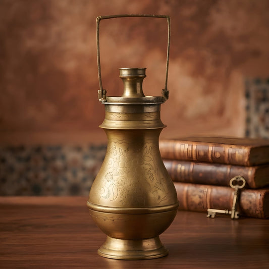 Vintage Pure Brass Handled Water Vessel | Floral Engraved Traditional Bottle | Indian Heritage Home Décor