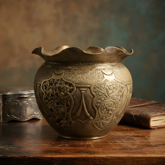Vintage Pure Brass Decorative Vase & Planter | Engraved Floral Design | Round Brass Pot | Heritage Home Décor