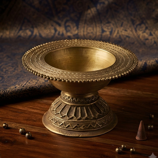 Vintage Pure Brass Thukdaan | Engraved Pedestal Bowl with Decorative Rim | Traditional Indian Home Décor