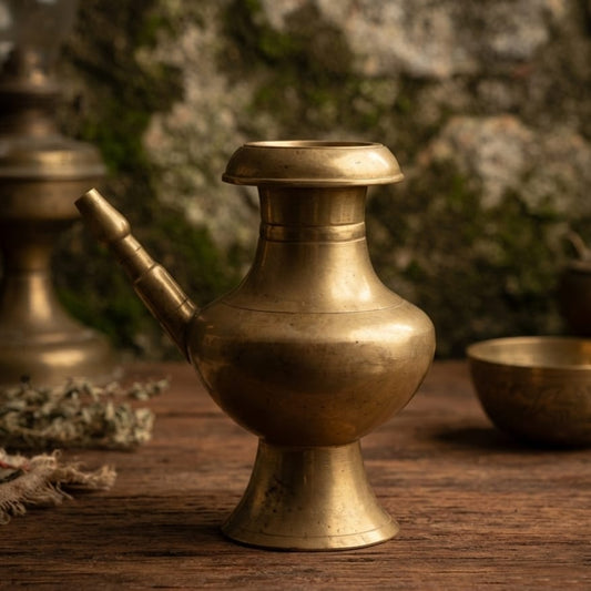 Vintage Pure Brass Kindi Water Pot | Traditional Indian Spouted Vessel with Pedestal Base | Antique Home Décor