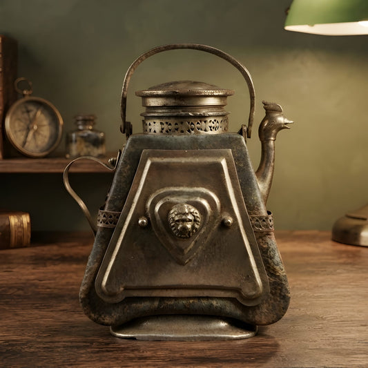Vintage Pure Brass Silver Plated Kettle | Bird Spout & Lion Head Detail | Traditional Antique Indian Décor