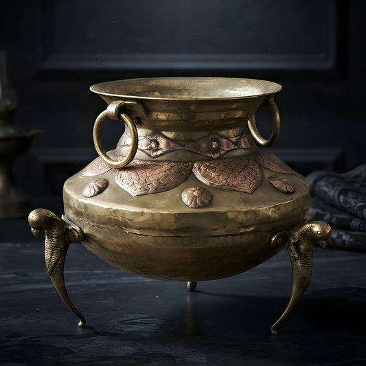 Rare Antique Pure Brass/Pital Pot/Vase/Planter with Parrot Legs – Handcrafted Copper Engraving Premium Decor Piece (Antiques)
