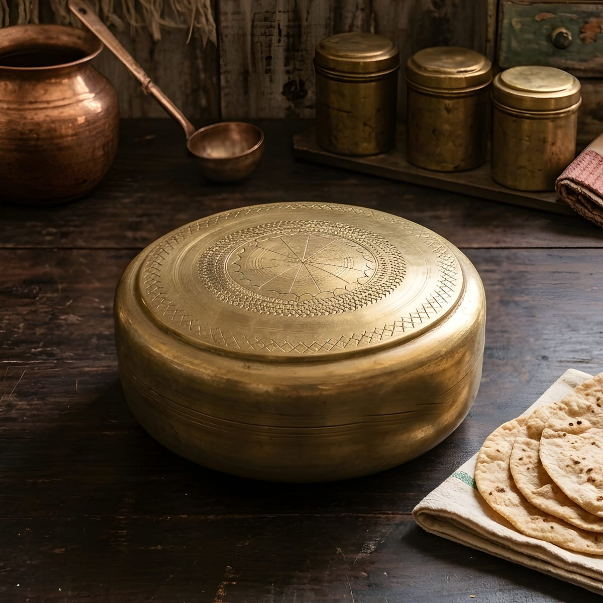 Vintage Brass/Pital Very Beautifully Engraved Roti Dabba | Chapati Box (Antiques)