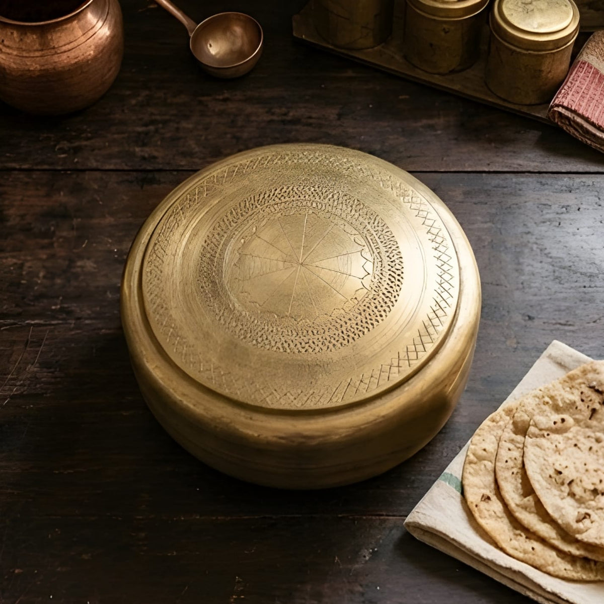 Vintage Brass/Pital Very Beautifully Engraved Roti Dabba | Chapati Box (Antiques)