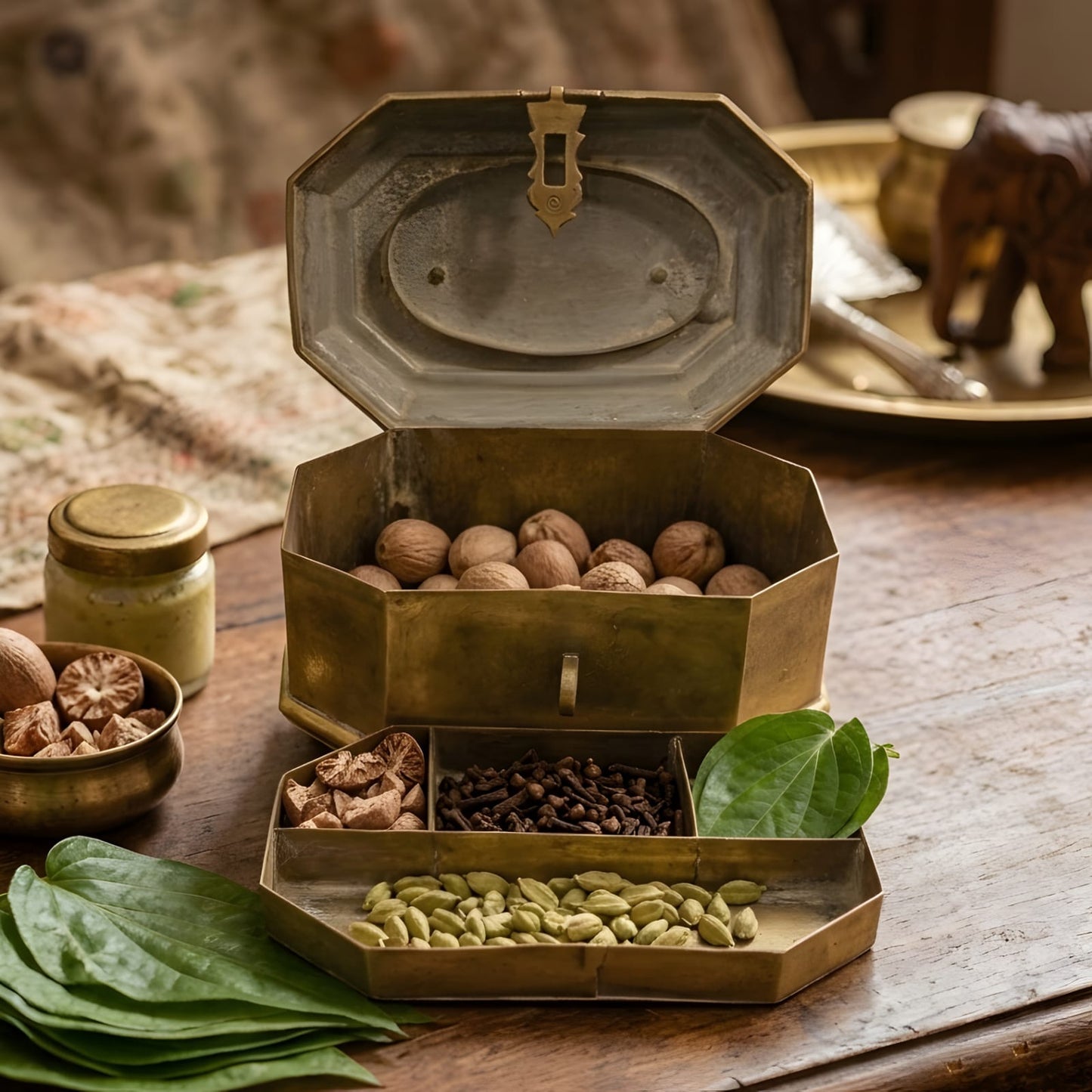 Very Rare Pure Brass Paan Daan | Hexagon Betel Nut Supari Box with Lock | Traditional Indian Vintage Storage Box