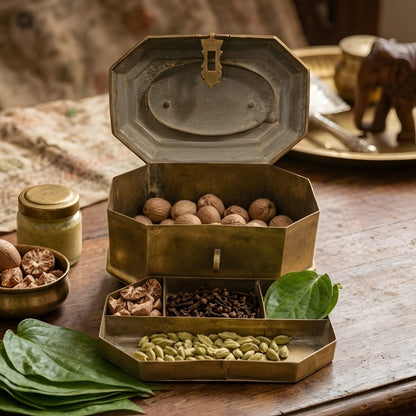 Very Rare Pure Brass Paan Daan | Hexagon Betel Nut Supari Box with Lock | Traditional Indian Vintage Storage Box