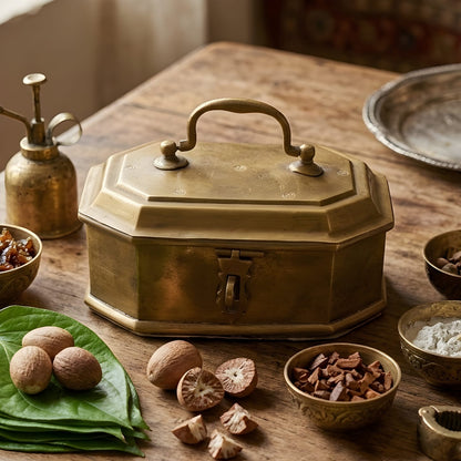 Very Rare Pure Brass Paan Daan | Hexagon Betel Nut Supari Box with Lock | Traditional Indian Vintage Storage Box