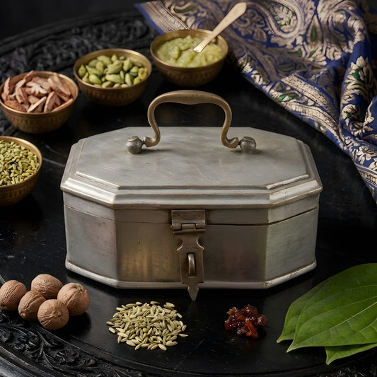 Very Rare Pure Brass Silver Plated Paan Daan | Hexagon Shape Vintage Betel Nut Supari Box | Traditional Indian Décor