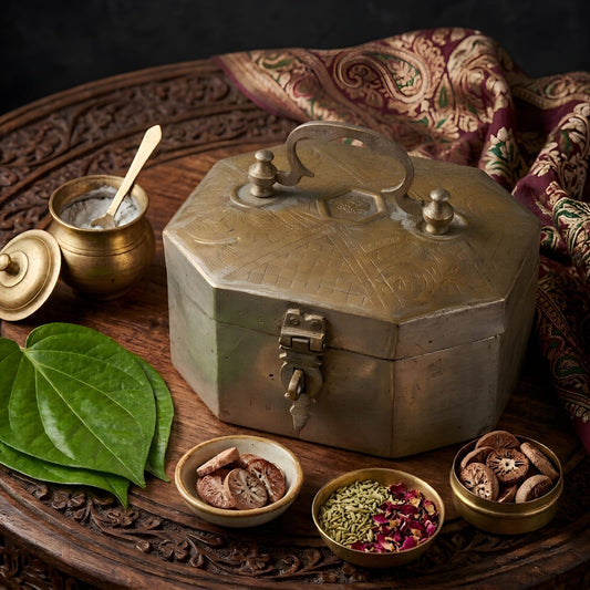 Very Rare Pure Brass Silver Plated Paan Daan | Engraved Hexagon Betel Nut Supari Box | Vintage Indian Traditional Décor