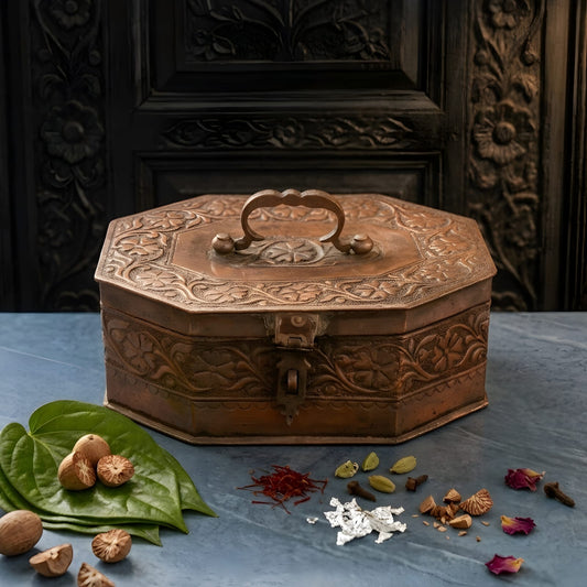 Very Rare Pure Copper Paan Daan | Beautifully Engraved Hexagon Betel Nut Supari Box | Vintage Indian Traditional Decor