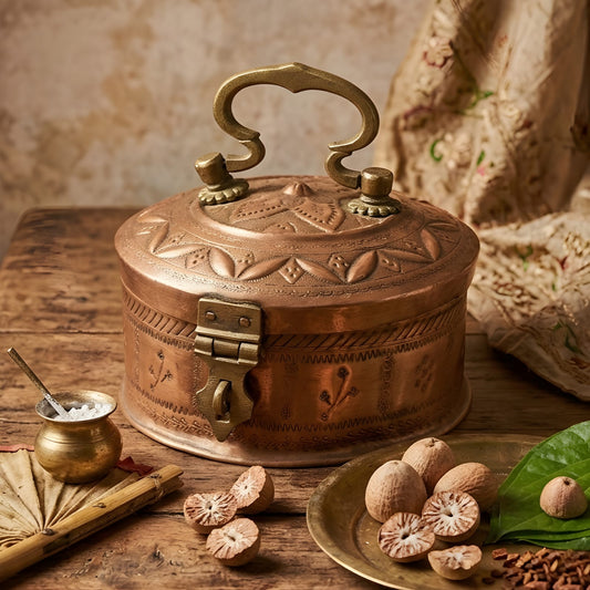 Very Rare Pure Copper Paan Daan | Beautifully Engraved Round Betel Nut Supari Box | Traditional Indian Vintage Décor