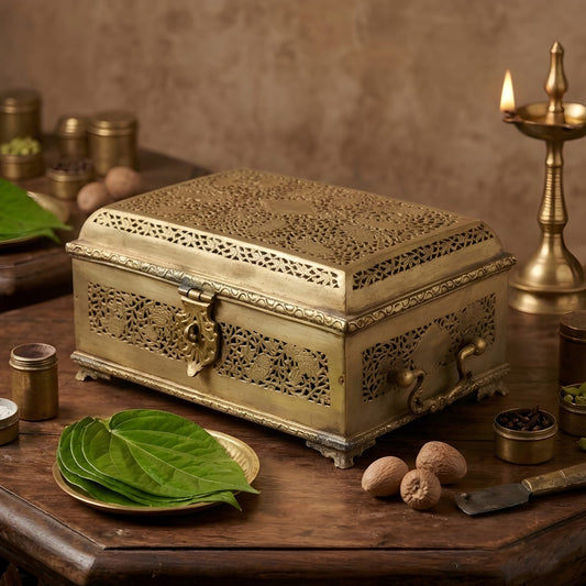 Very Rare Pure Brass Paan Daan | Beautifully Engraved & Pierced Betel Nut Supari Box with Lock & Handles | Vintage Indian Décor