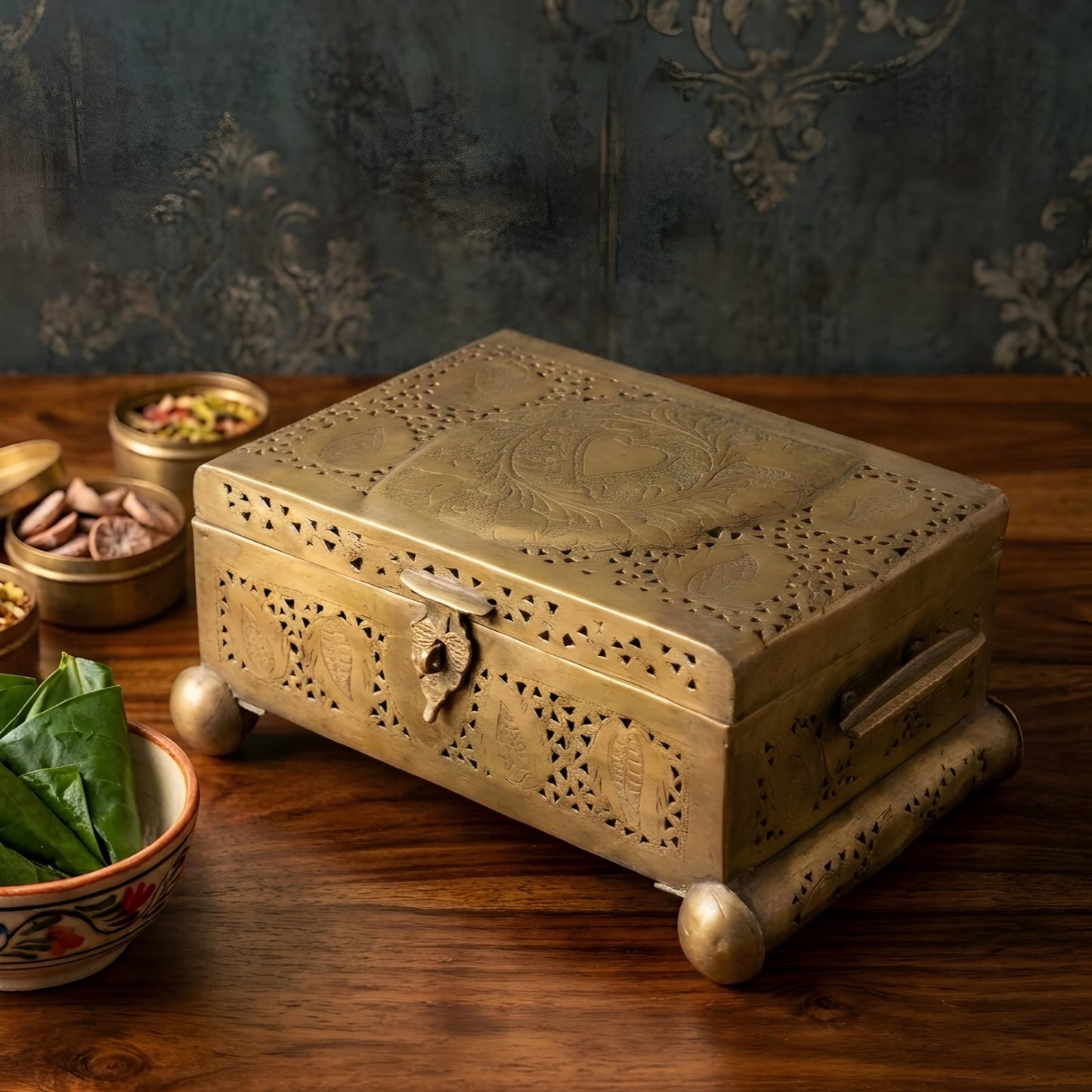 Very Rare Pure Brass Pital Engraved and Pierced Paan Daan Vintage Betel Nut Supari Box with Lock and Handles